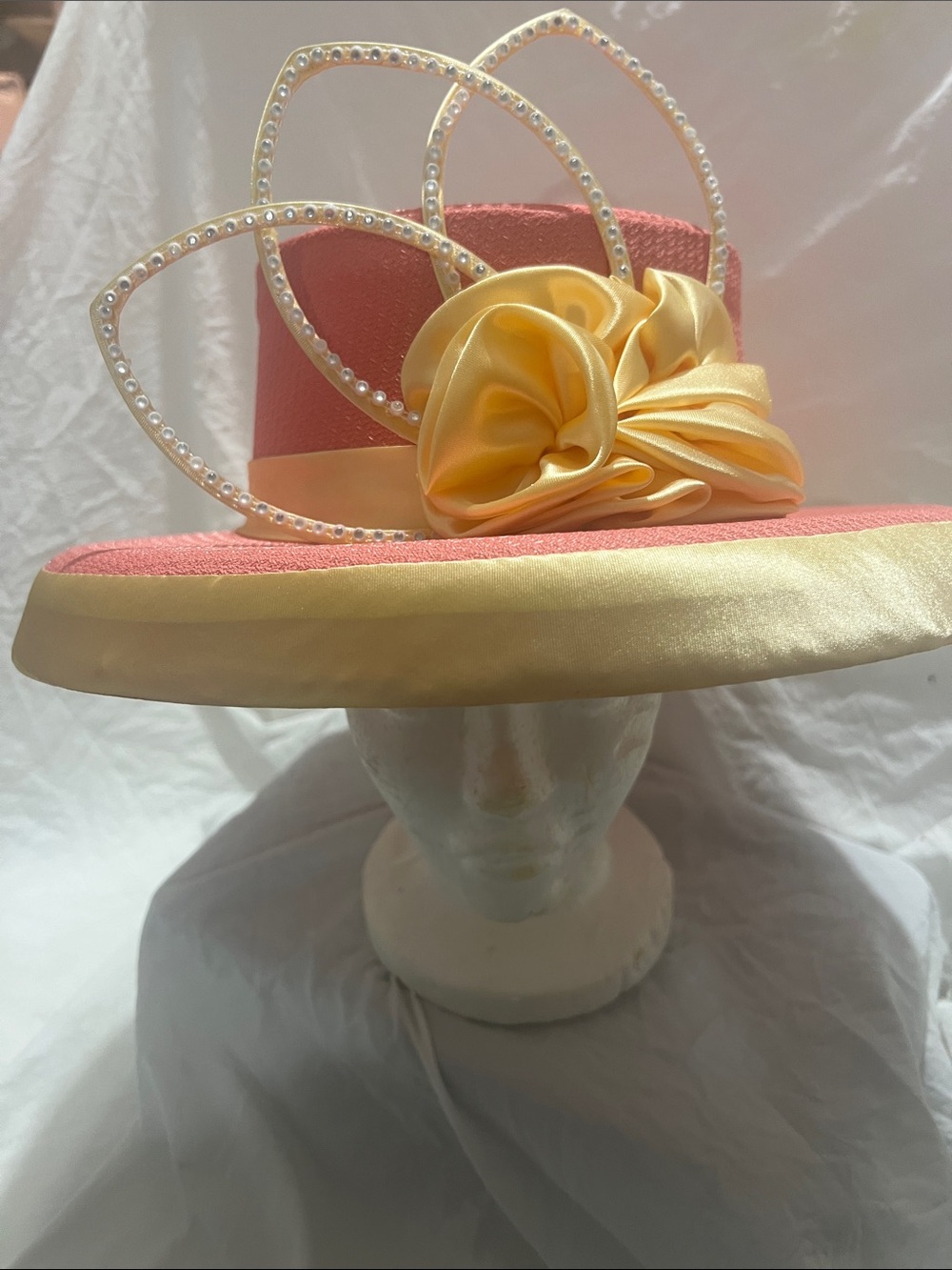 Pink and Yellow Satin-Trim Dress Hat with Pearl Accents